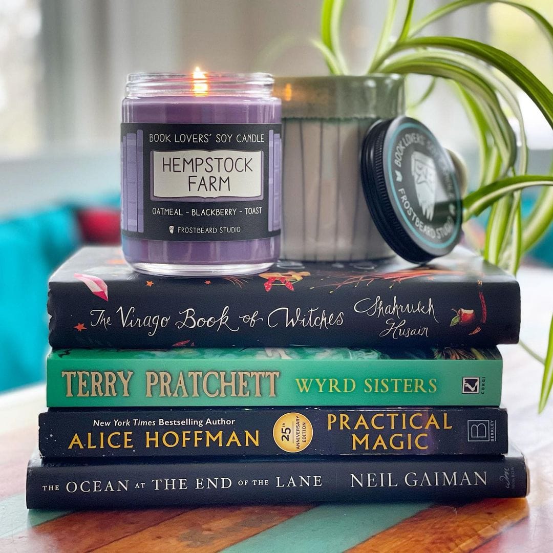 Hempstock Farm candle with books