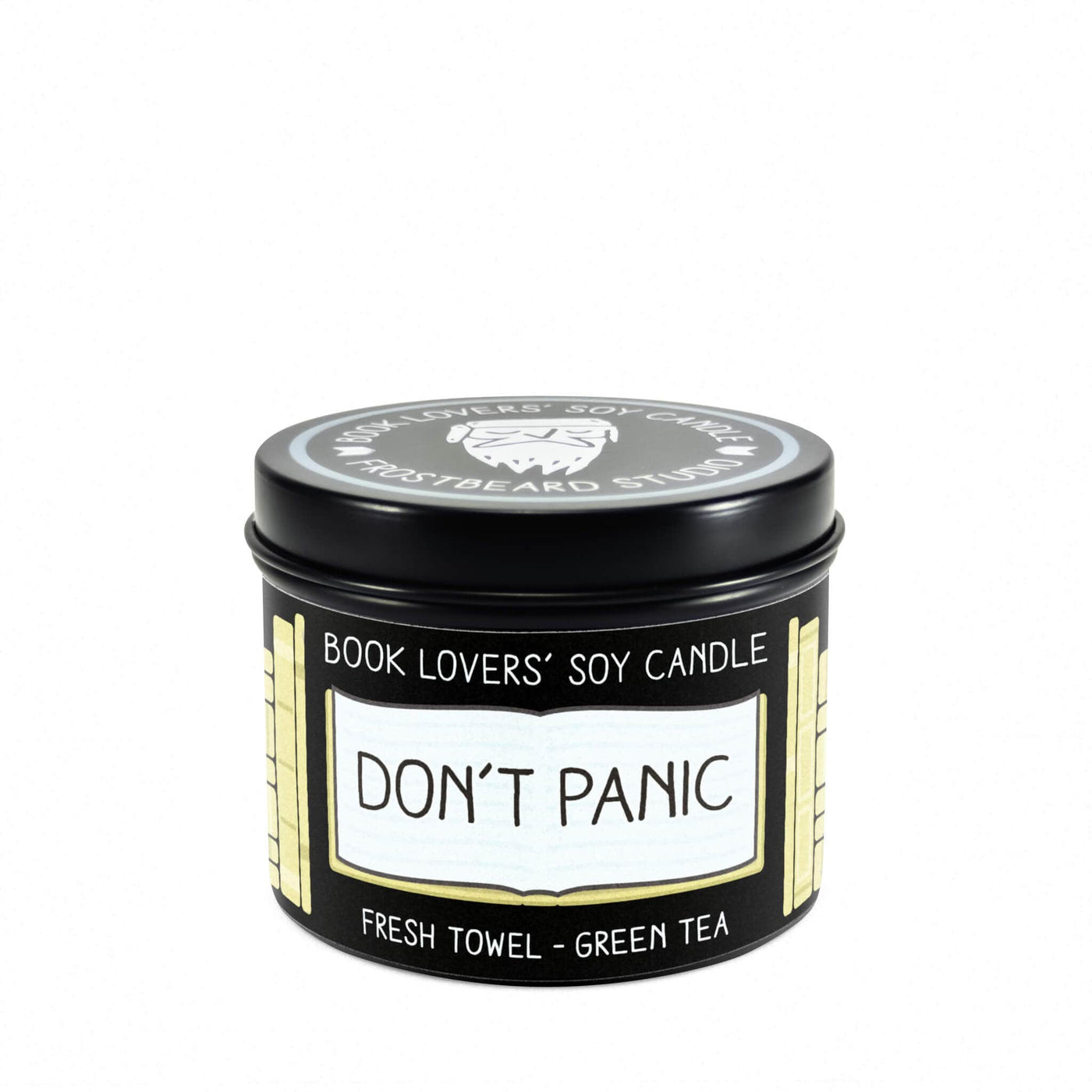 Don't Panic - 4 oz Tin - Book Lovers' Soy Candle - Frostbeard Studio