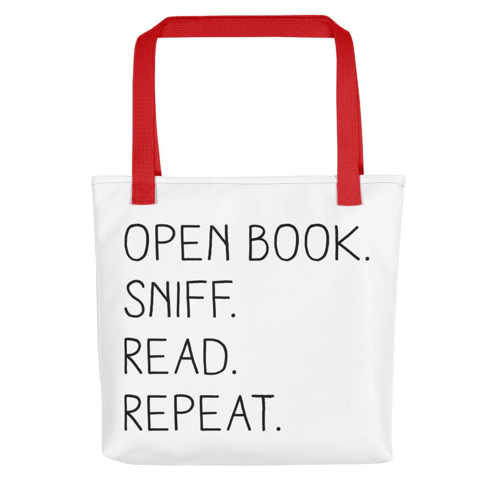 “Open Book. Sniff. Read. Repeat.” - Tote Bag - Red - Tote Bag - Frostbeard Studio