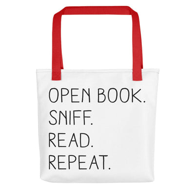 “Open Book. Sniff. Read. Repeat.” - Tote Bag - Red - Tote Bag - Frostbeard Studio