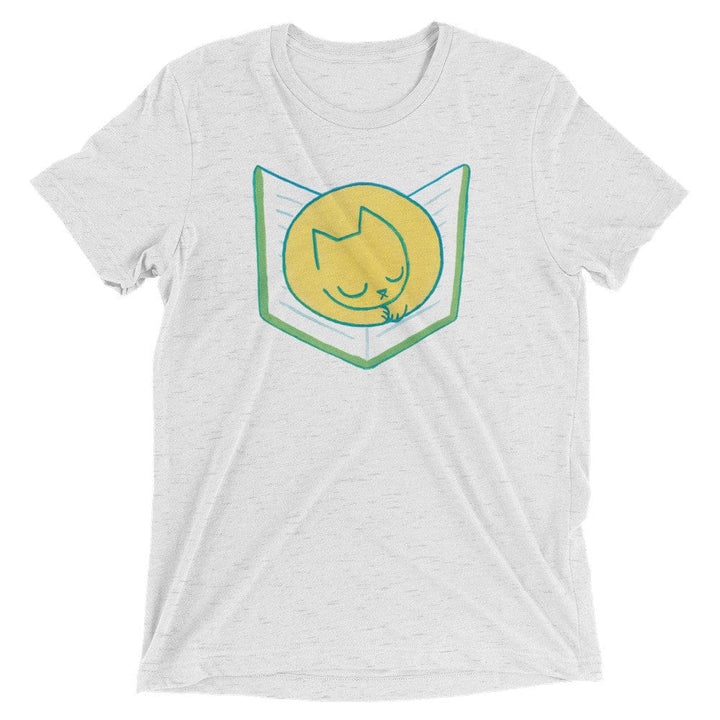 Cat Sleeping on Book - T-Shirt  -  White Fleck Triblend / XS  -  T-Shirt  -  Frostbeard Studio