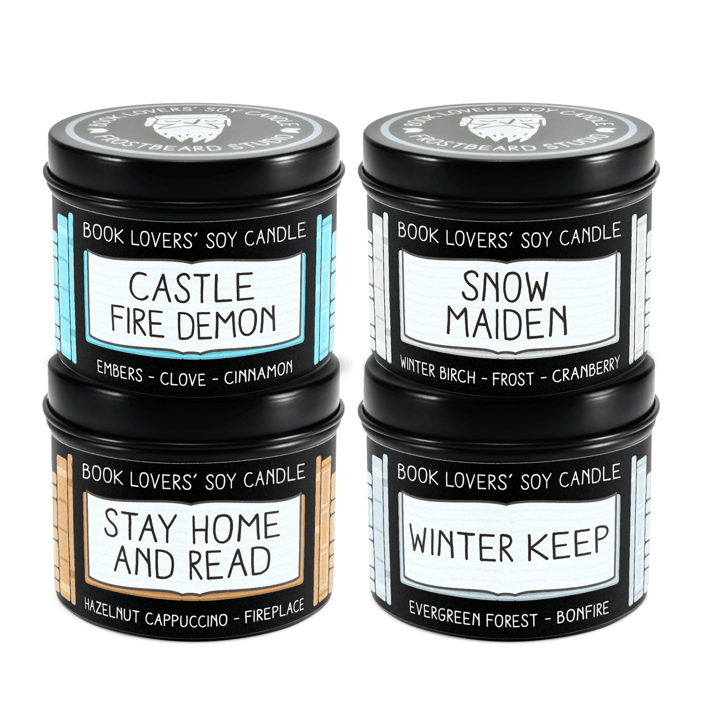 Winter Sample Pack  -  4 oz Tin  -  Book Lovers' Soy Candle  -  Frostbeard Studio